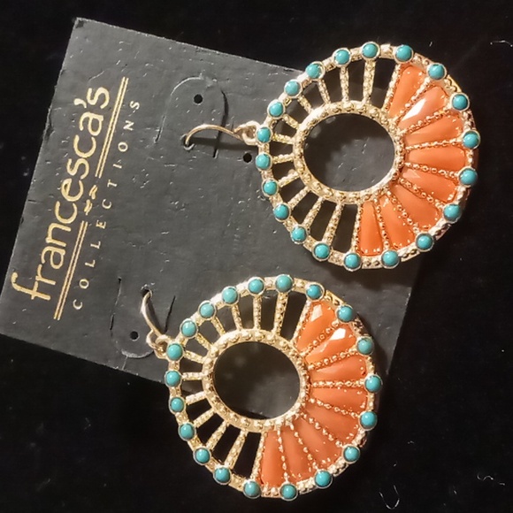 Francesca's earrings coral & turquoise enamel Navajo style pow wow - Picture 2 of 4